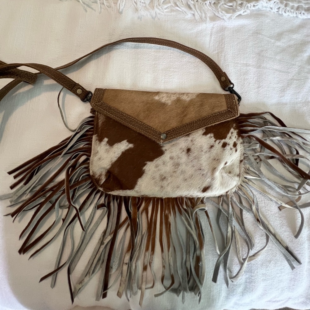 Myra Bag Animal Print Brown and White Fringe Women's Bag EUC 2239